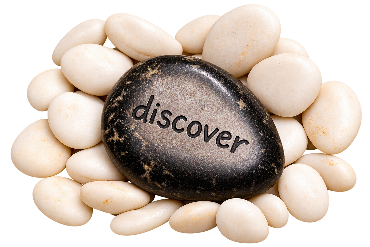 Black stone marked “discover” surrounded by white stones